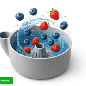Flowash 3D printed berry washer showing water vortex and floating strawberries and blueberries.