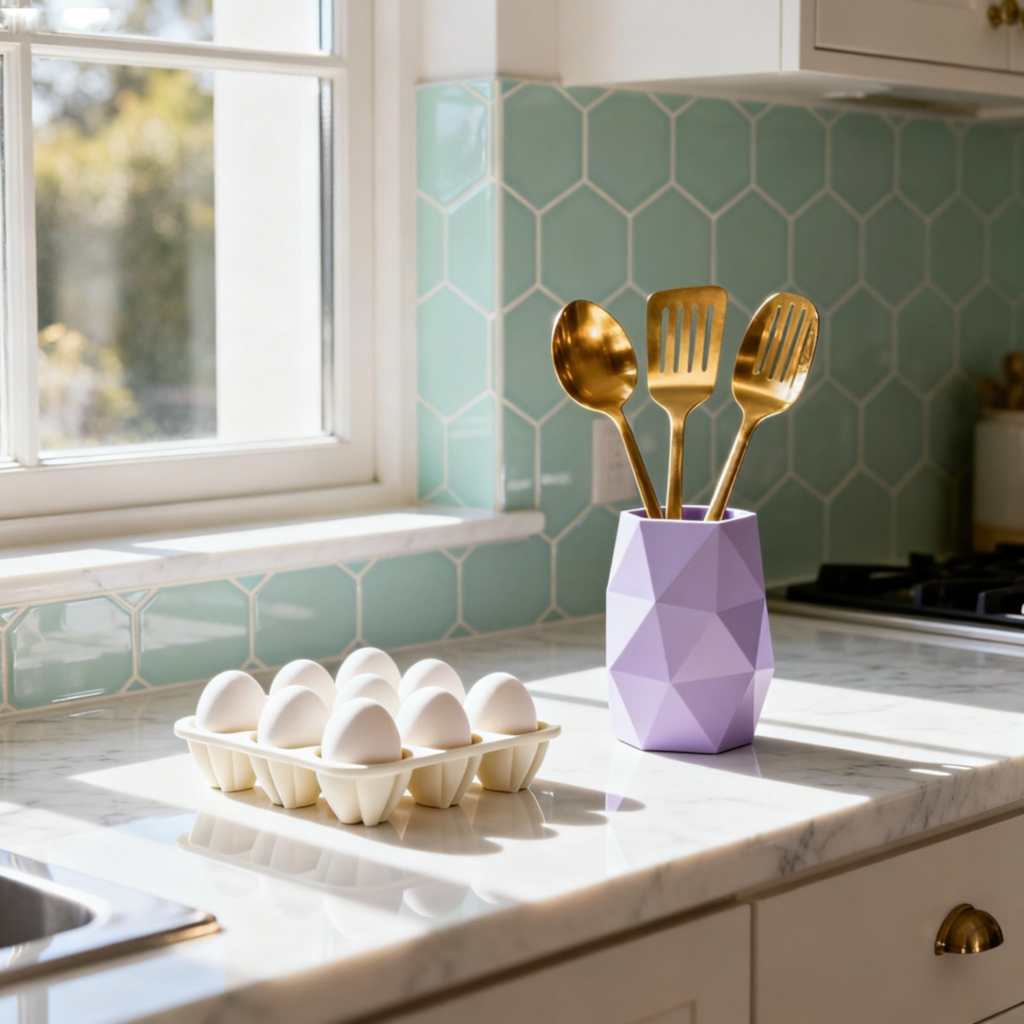 3D printed geometric utensil holder in lavender and a white egg rack on a marble kitchen countertop