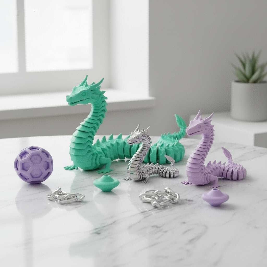 "Articulated 3D printed dragons and geometric fidget gadgets in mint green and lavender on a marble surface.