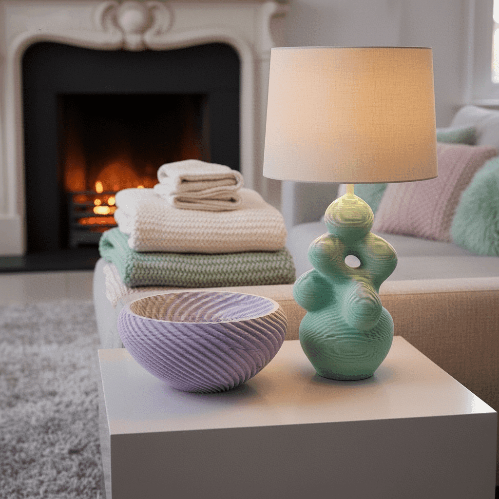 Artisans 3D printed home decor set featuring a purple textured bowl and a mint green sculptural lamp base on a white table in a cozy living room with a fireplace.