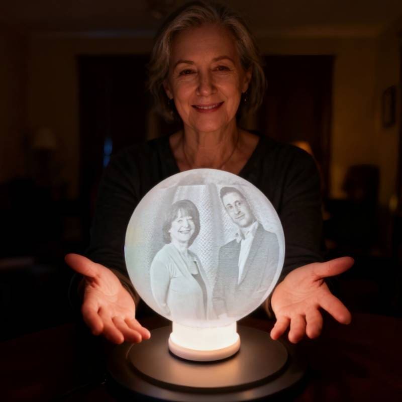 Personalised Memorial Sphere held in the hands of a woman, showcasing the intimate and personal nature of the glowing 3D photo gift