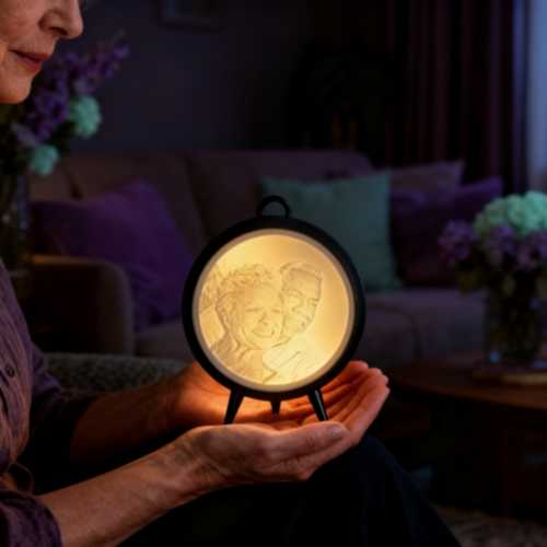 Personalised Memorial Photo Light. Senior woman holding a glowing personalised 3D printed memorial lithophane sphere light with a custom photo of a couple.