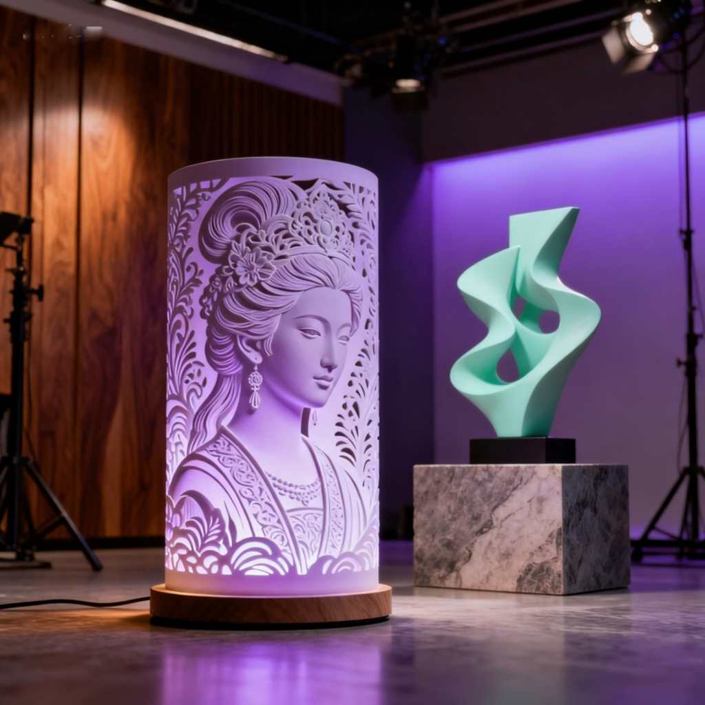 Signature 3D printed lithophane lamp and modern mint green sculpture from Ray's Creations collection