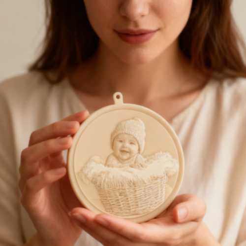 Young woman holding a circular 3D printed lithophane suncatcher; the detailed baby portrait is designed to be illuminated by natural sunlight from a window.