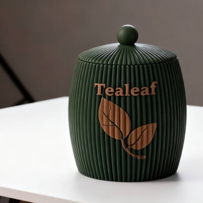 tealeaf-container-Product Shot High-resolution studio portrait of the forest green 3D printed tealeaf container with a matching lid on a white surface.