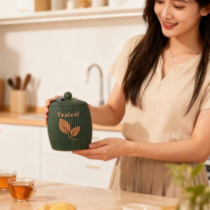 tealeaf-container-kitchen-lifestyle A woman in a kitchen holding the forest green tealeaf container next to freshly brewed tea.