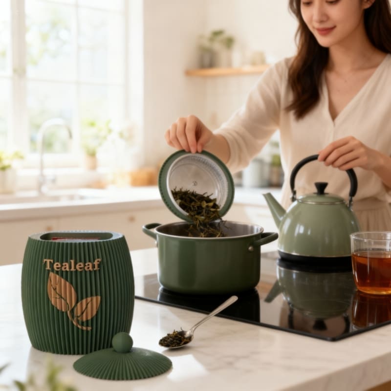 Spooning out tealeaves Tealeaf container with fresh tea ready for spooning out